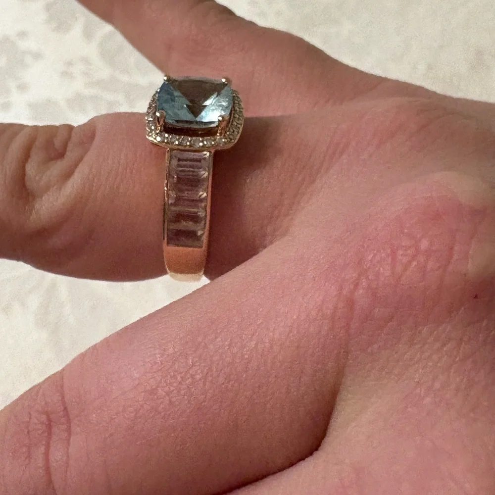 LeVian 14k Strawberry Gold Ring Blue stone surrounded by Diamonds & Baguettes - Picture 4 of 11